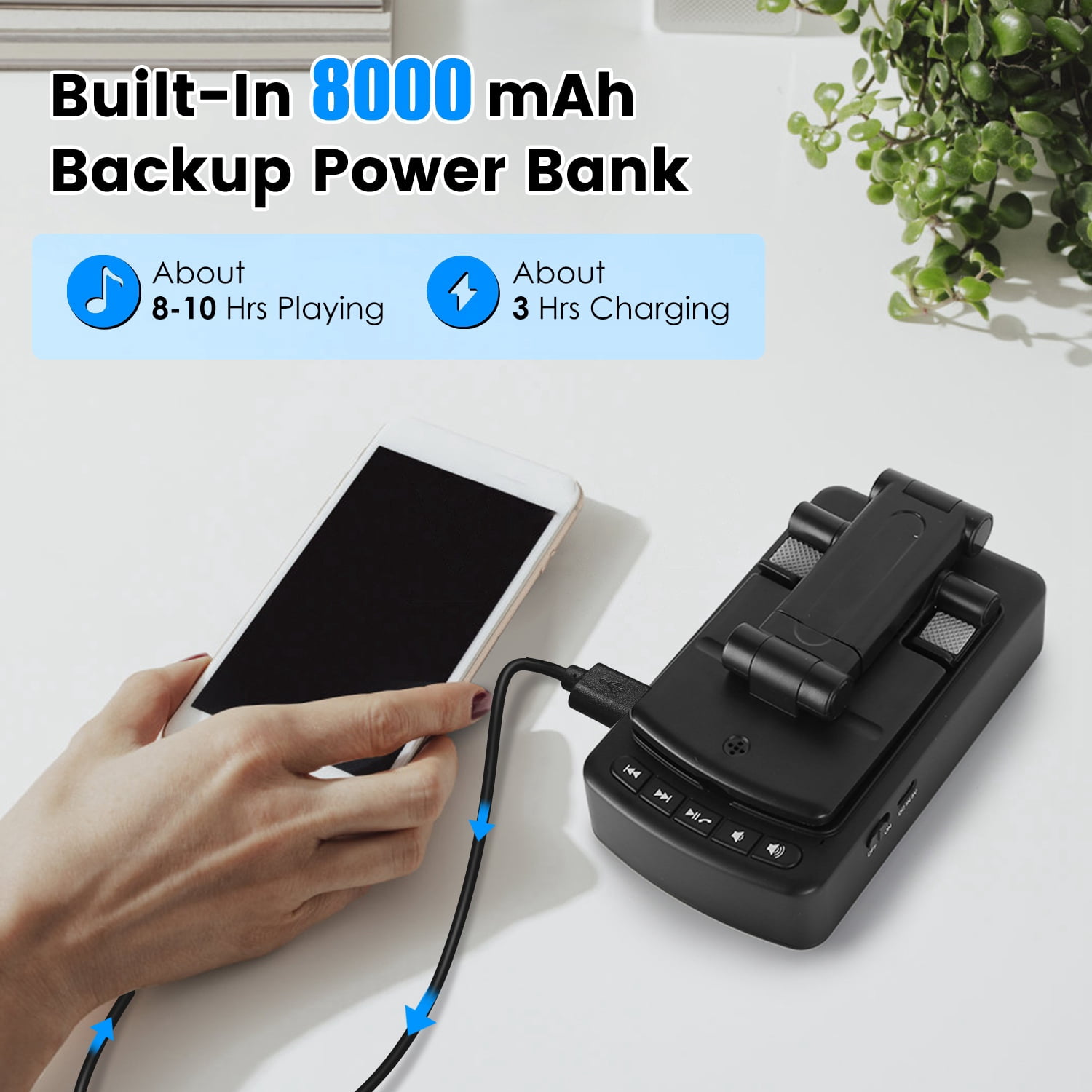 Imountek 3 in 1 Cell Phone Stand with Wireless Speaker, 8000mAh Power Bank, Compatible with Phone Tablet, Foldable Design for Home Office Outdoor, Black