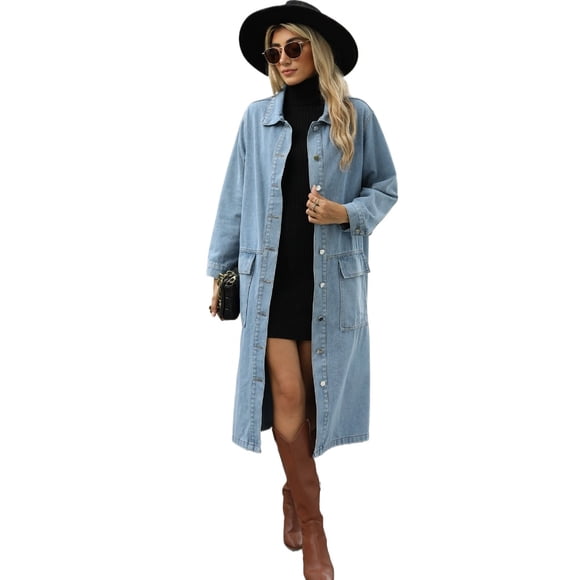 Beautyzll Womens Fall Demin Trench Coat Button down Long Sleeve Shirts Stretchy Loose Fit Jacket Casual Outwear S-XL