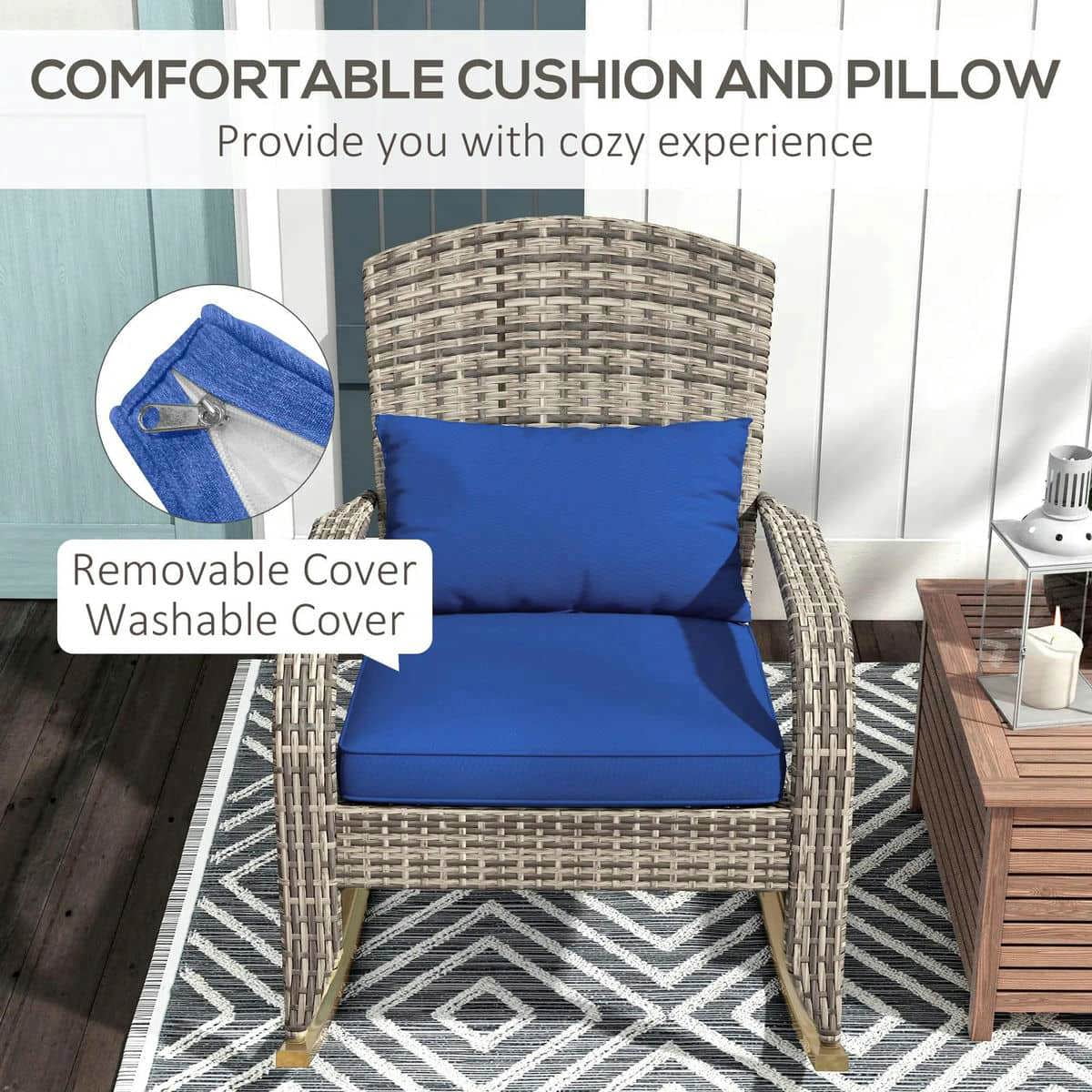 Yardi Yarda Adirondack Chair with High Back and Seat Cushion, Outdoor Wicker Rocking Chair with Pillow, Dark Blue