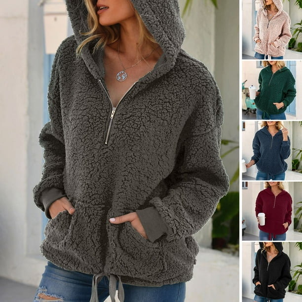 Sudadera con capucha de lana para mujer bolsillo suelto en el hombro sudaderas peludas calidas je Abanopi Gris XX grande Walmart en linea