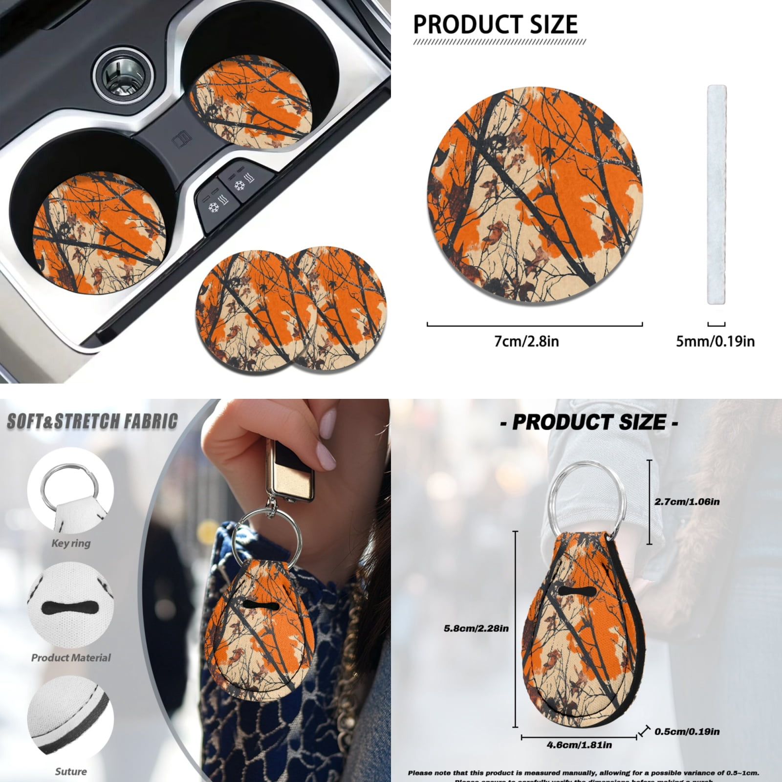 Yuyamidu Camo Hunting Car Seat Covers Full Set 12 PCS Orange Wood Steering Wheel Cover Seat Belt Strap Pads Cup Coasters Keychain Auto Decor