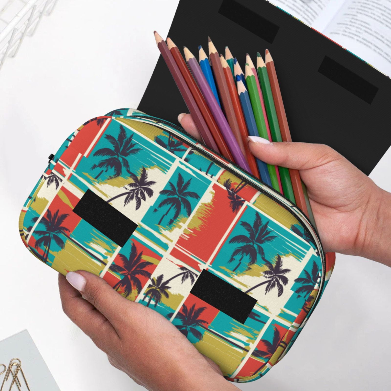 Rateoe Colorful Hawaii Palms Pattern Double Clamshell Pen Case, Storage Organizer with Two Zipper Compartments– Holds Up to 50 Pencils & Pens