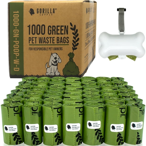 Gorilla Supply Dog Poop Waste Bags with Dispenser and Leash Tie 9"X13", Green, 1000 Count