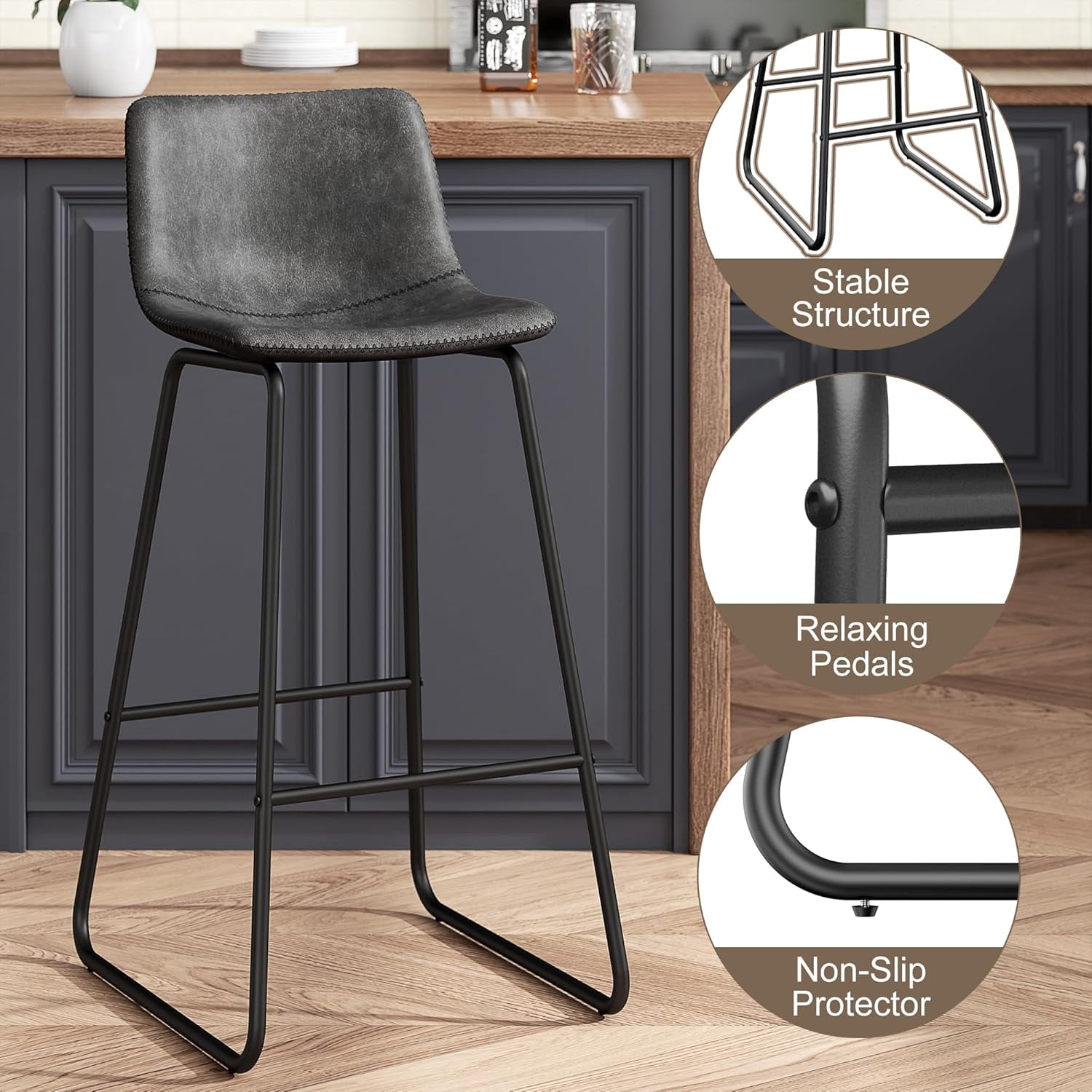 GIKPAL Bar Stools 30" Faux Leather Counter Height Barstools with Back Set of 6, Modern Counter Stools with Metal Legs and Footrest, Armless Chairs with Back for Kitchen Living Room Pub,Gray