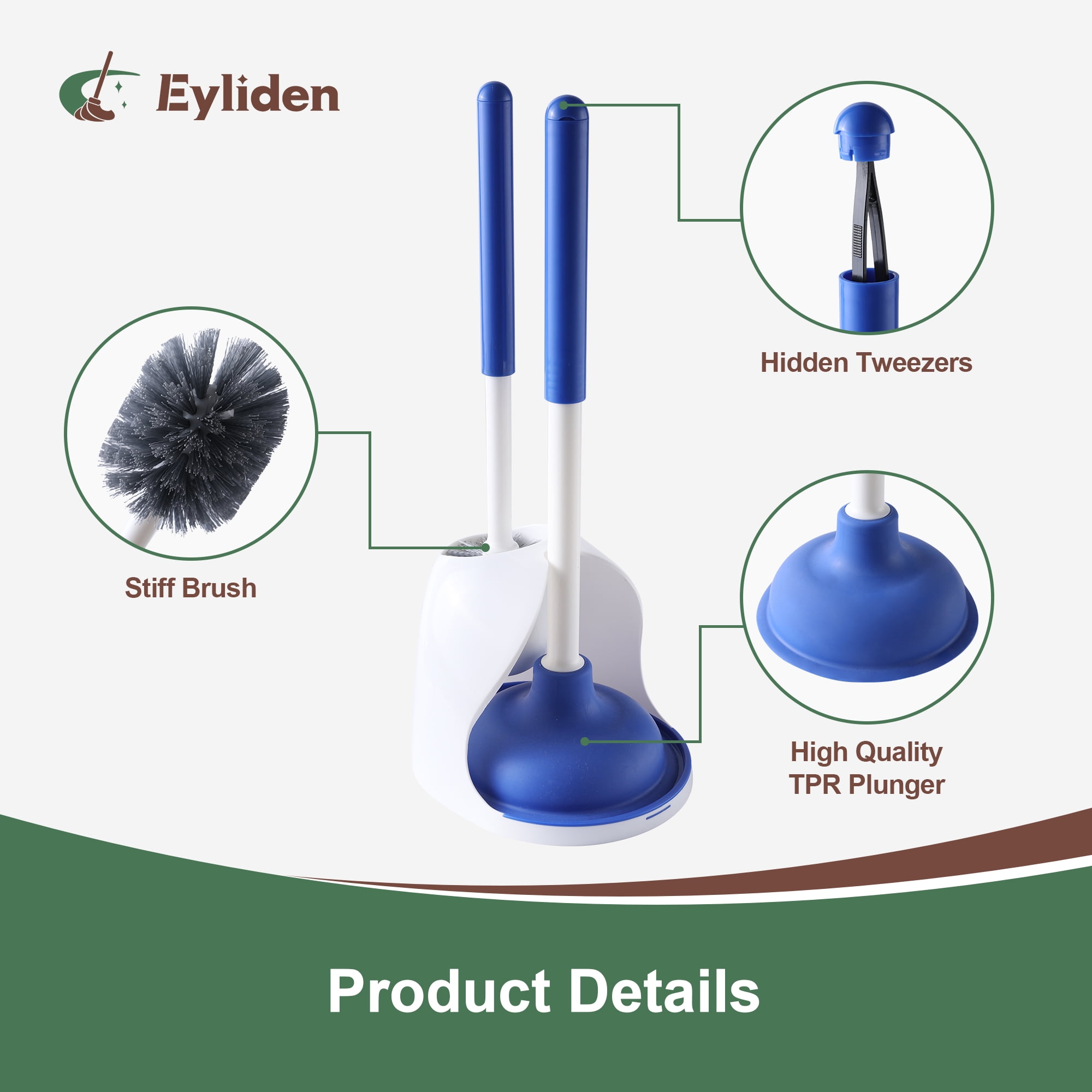 Eyliden Toilet Brush and Plunger Set for Toilet Cleaning, Brush with Base, Blue, 2 Count