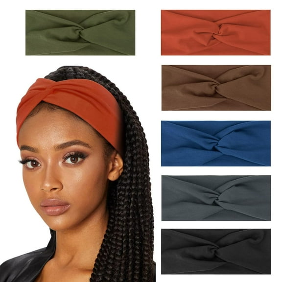 LinYooLi Turban Headbands for Women Wide Head Wraps Knotted Elastic Teen Girls Yoga Workout Solid Color Hair Accessories, 6 Pack