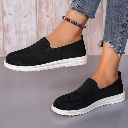 

ZBCHLS Women s Knitted Slip Ons Flat Loafers Mesh Breathable Non-Slip Lightweight Walking Shoes Comfortable Orthotic Nurse Working Mom Sneakers
