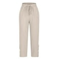 thumbnail image 7 of Ecqkame Women Cotton Linen Pants Fashion Side Lace Patchwork Lightweight Pant Casual Drawstring Elastic Waist Trousers Beige S, 7 of 7