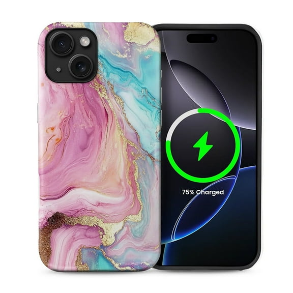FKBRCL4U for iPhone 13 14 Compatible with Magsafe Case Marble Art Pink Teal Golden Lines Pattern for Girl Boy Full Body Magnetic Design Soft Silicone Protection
