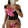 thumbnail image 2 of Tqyyweavej 3 Piece Triangle Bikini Sets for Women Halter Pleated Elastic Swim Tops and Side Tie Print Solid Color Bathing Bottoms with Sheer Cover Ups, 2 of 8
