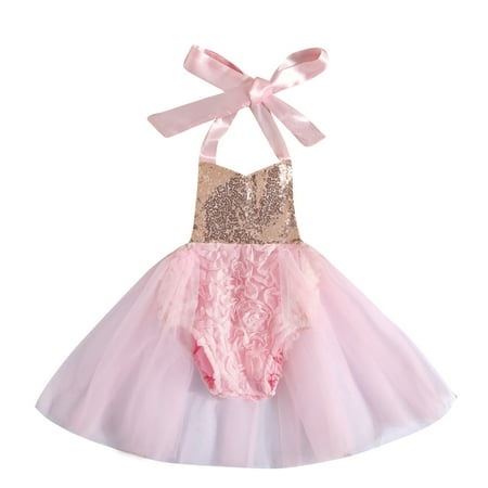 

Musuos Baby Girls Hanging Neck Romper Infant Sweet Style Rose Sequins Decoration Mesh Splicing Sleeveless Jumpsuit