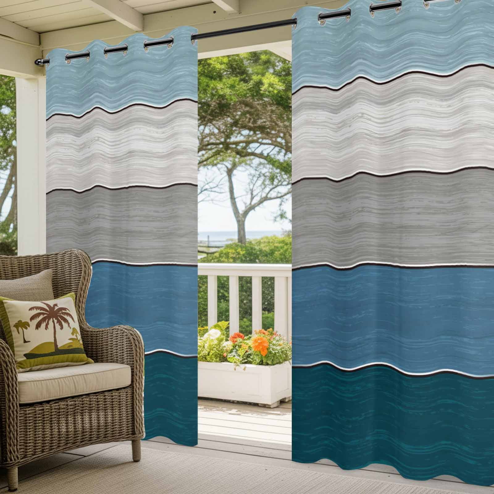 Outdoor Curtains for Patio Waterproof, Blue Ombre Wooden Windproof Pravicy Outside Porch Blackout Curtain, Farmhouse Retro Wood Gradient Sun Blocking Grommets Curtains for Cabana Gazebo 54"x108"