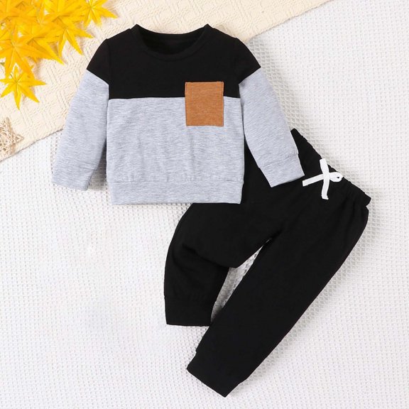 hengsof Toddler Baby Boy Clothes Color Block Spring Summer Outfit Long Sleeve Round Neck Sweatshirt and Pants Infant Set 2PC