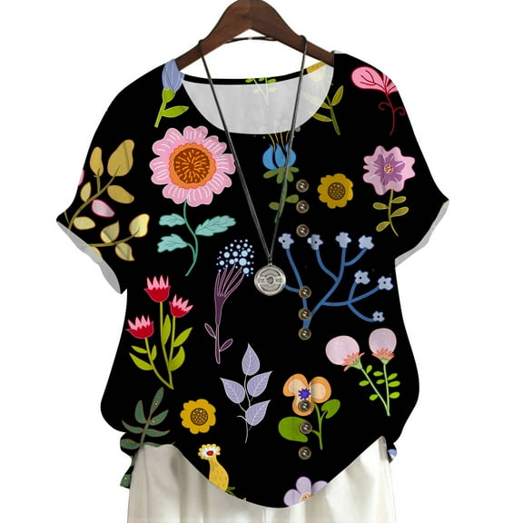 CLOOCL Women Blouse Tops Floral 3D Printed Short Sleeve Shirts Oversized Black T-shirt