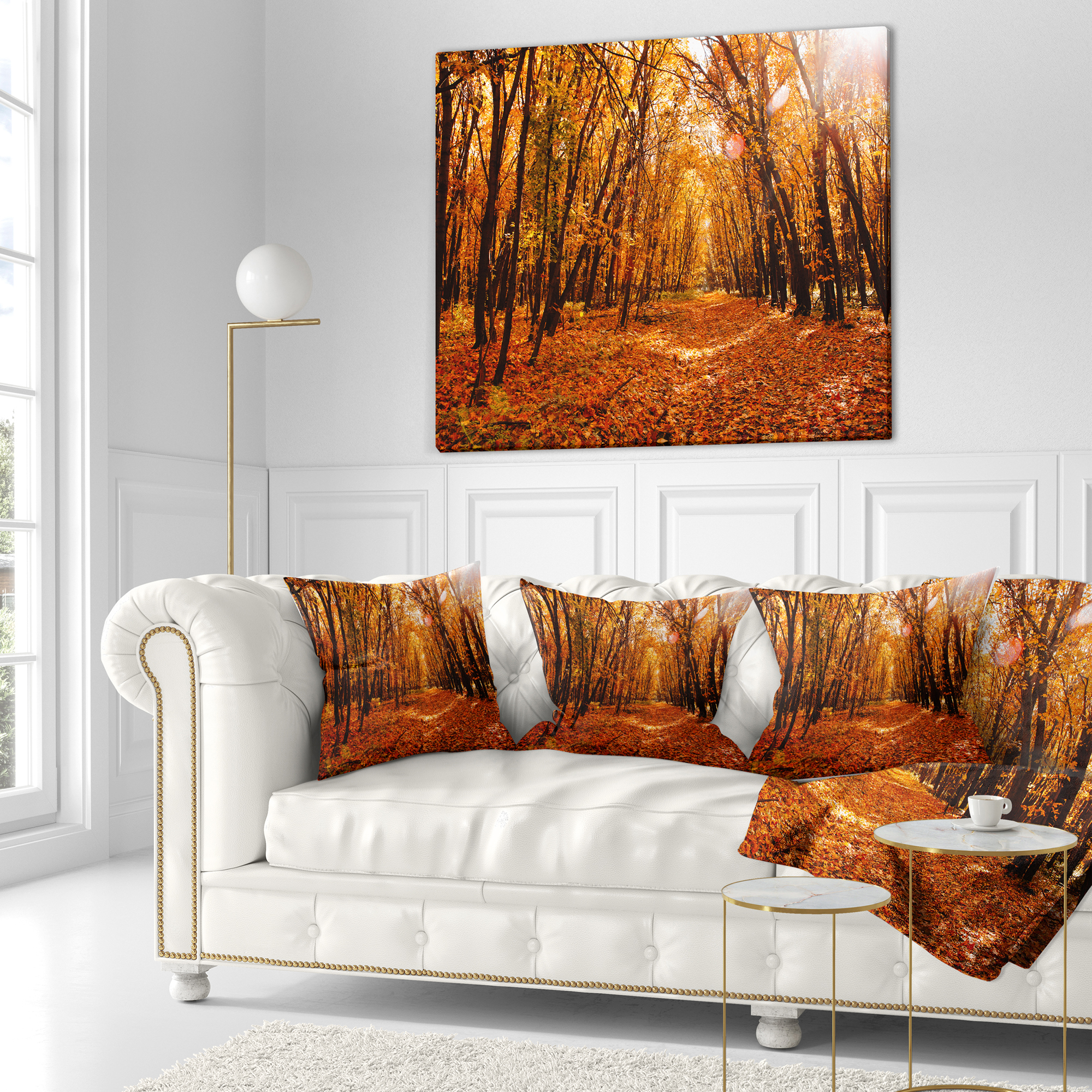 Designart Yellow Falling Leaves in Forest - Landscape Photo Throw Pillow - 18x18