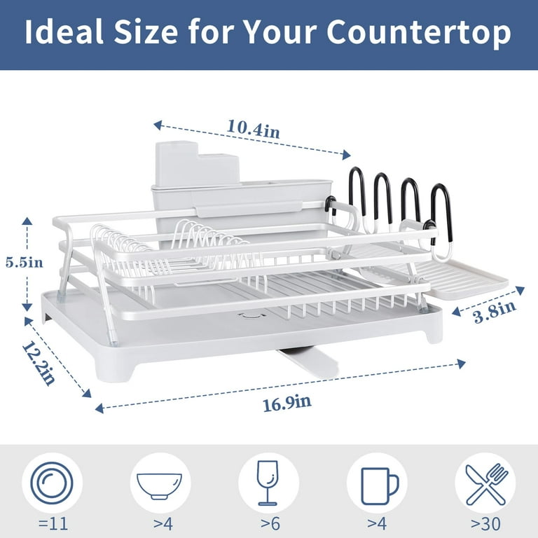 Dish Drying Rack, Rustproof Aluminium Dish Racks for Kitchen Counter,  Expandable(14.9-22.2) Kitchen Sink Large Dish Drying Rack with  Drainboard, Utensil Holder with Drain Spout (Dark Grey) 