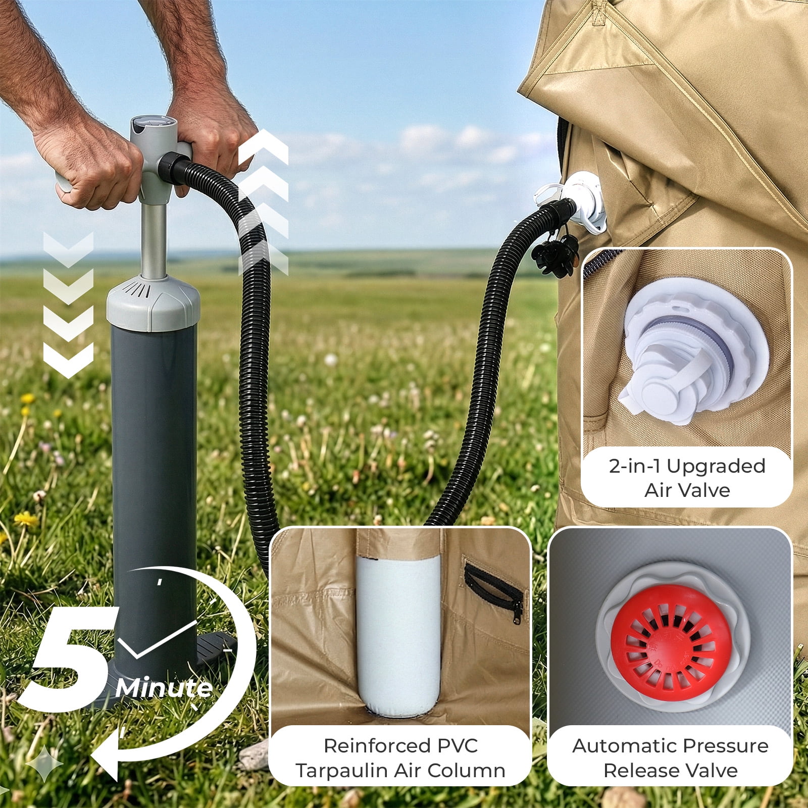 Ktaxon Inflatable Tent with Hand Pump for Camping, Easy Setup Air Glamping Tents, All-Weather Waterproof Blow up Camping Tent for Family, Khaki