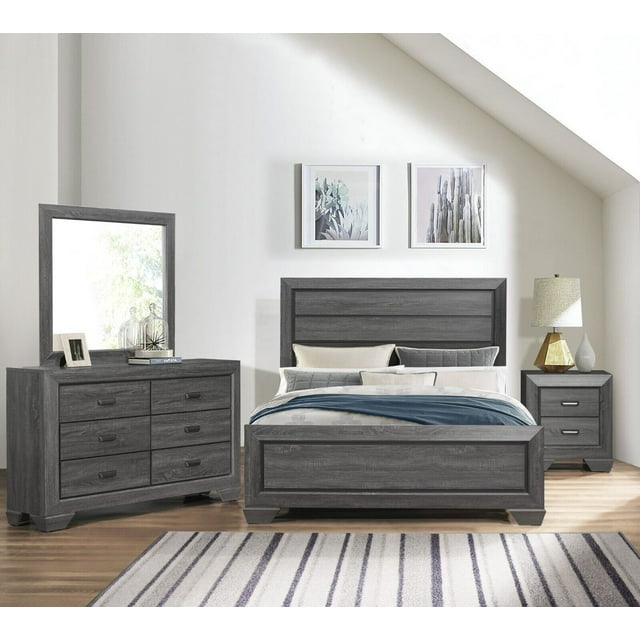 Contemporary 4pc Full Size Bedroom Set Gray Finish Bed Dresser Mirror Nightstand Wooden Bedroom