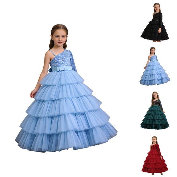 One Shoulder Sequin Dress for Girls, Elegant Tutu Evening Gown for Birthday Party Piano Recital, Flower Girl Pageant Princess Tulle Ruffle Sleeveless Wedding Prom Dress with Bow