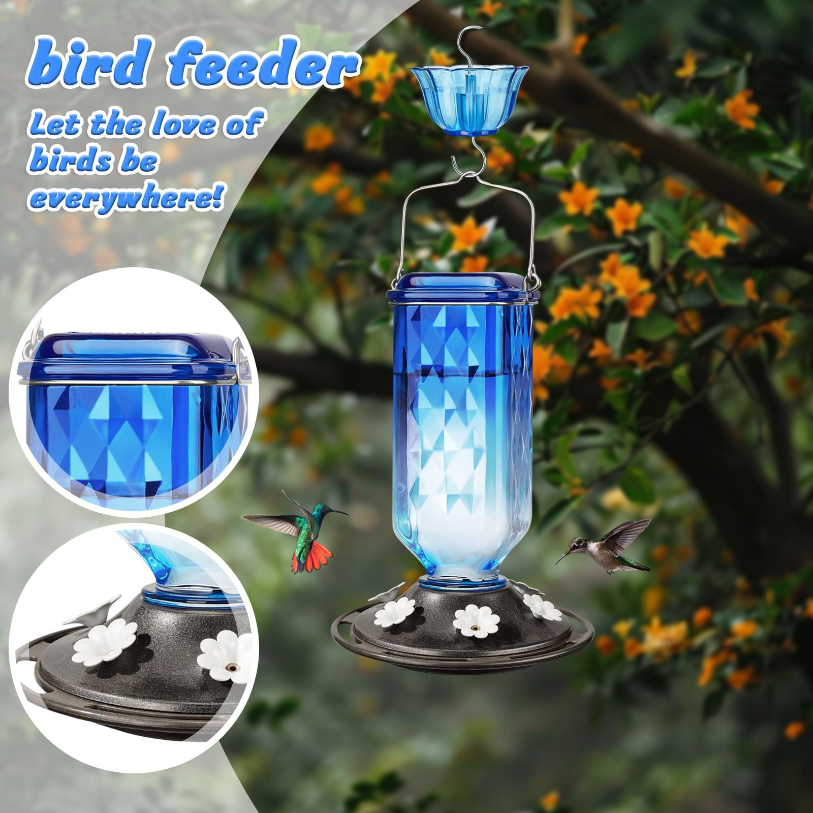 Hanging Hummingbird Feeder Outdoor Bird Feeder with Blue Top Attracts Birds Easy Fill and Clean for Garden Yard Balcony Patio Use Transparent Design Durable Plastic Material