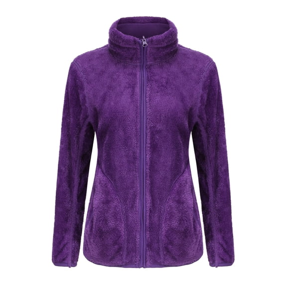 Ladies Polar Fleece Full-Zip Jacket Mock Neck Elastic Cuffs Keep Warm Winter Coats Solid Casual Windproof Outwear