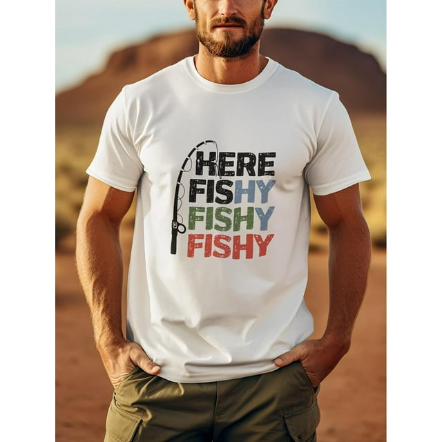 Camiseta gráfica "Here Fishy Fishy" para hombre: camiseta informal de algodón negra con estampado de cañas de pescar de colores, cuello redondo y manga corta. Ideal para actividades al aire libre en v