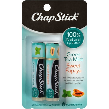 (2 Pack) ChapStick 100% Natural Lip Butter (Green Tea Mint & Papaya Flavors, 1 Blister pack of 2 Sticks) Flavored Lip Balm Tube, 8-Hour Moisture (0.15 (Best Blistex Lip Balm)