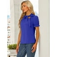 thumbnail image 3 of DARING DIVA Bow Tie Neck Office Elegant Short Sleeve Blouse Top L Royal Blue, 3 of 6