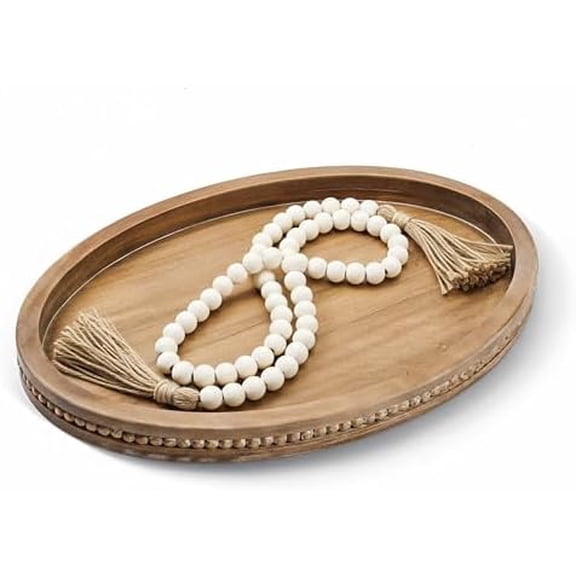 16" x 11.8" Oval Wood Decorative Tray with 58" Bead Garland, Farmhouse Coffee Table & Kitchen Island Décor, Rustic Brown Entryway Console Tray for Styling, Candles & Small Items$$