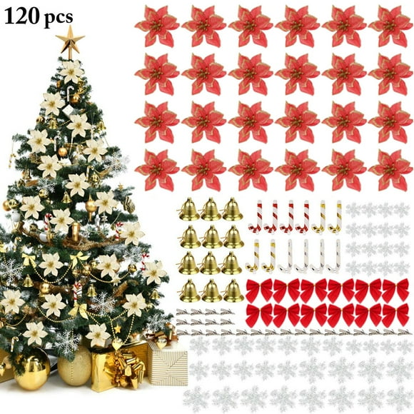 120 PCS Christmas Tree Flowers Decorations Red Xmas Tree Ornaments for Holiday Party Christmas Tree Decoration