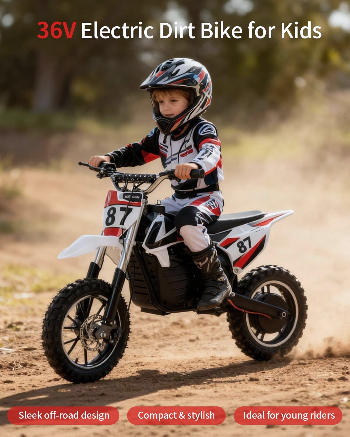 36V Kids Electric Dirt Bike for Ages 6–12, 500W Youth Off-Road Motorcycle, 17 mph, 3-Speed Modes, 7.8Ah Removable Battery, Suspension & Disc Brakes