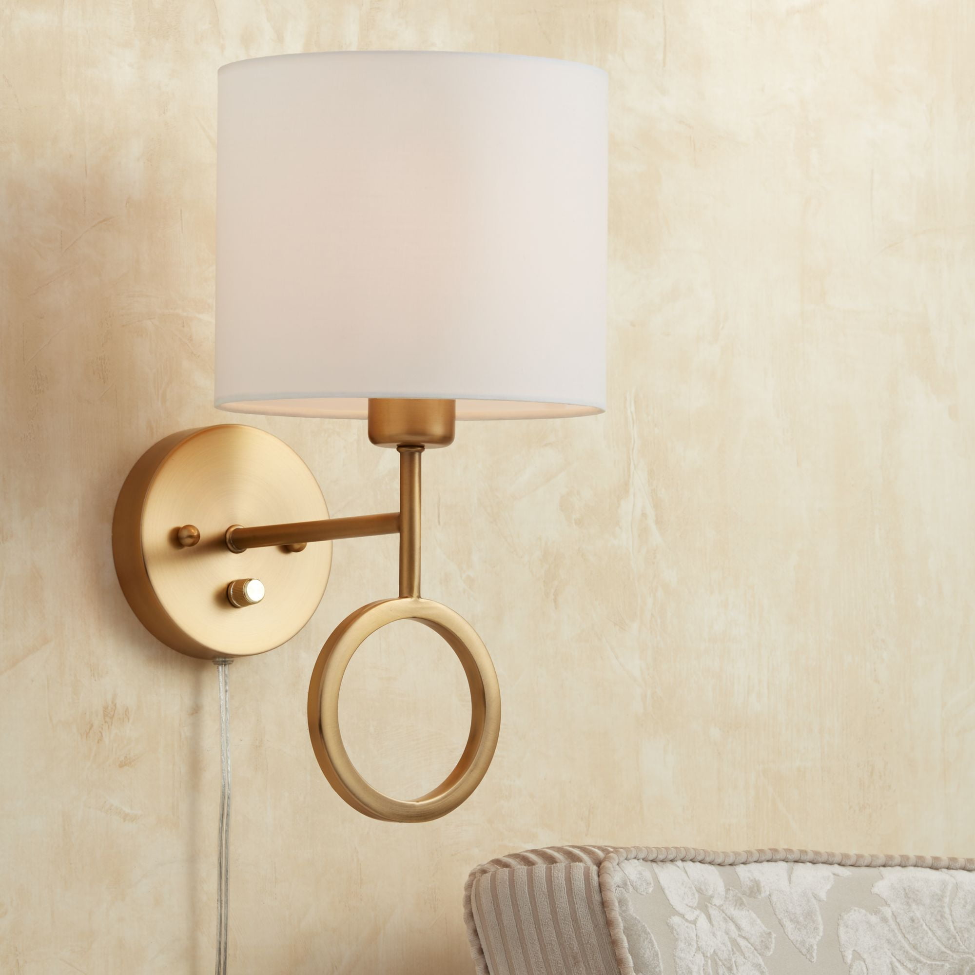 360 Lighting Wall Lamp Plug In Warm Br Ring White Drum Shade Warm Br Ring White Drum Shade