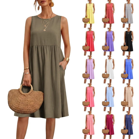 Axiiglly Linen Dress Women Crewneck Sleeveless Knee Length Boho Midi Dresses with Pockets Summer Flowy Beach Sundresses, S-5XL