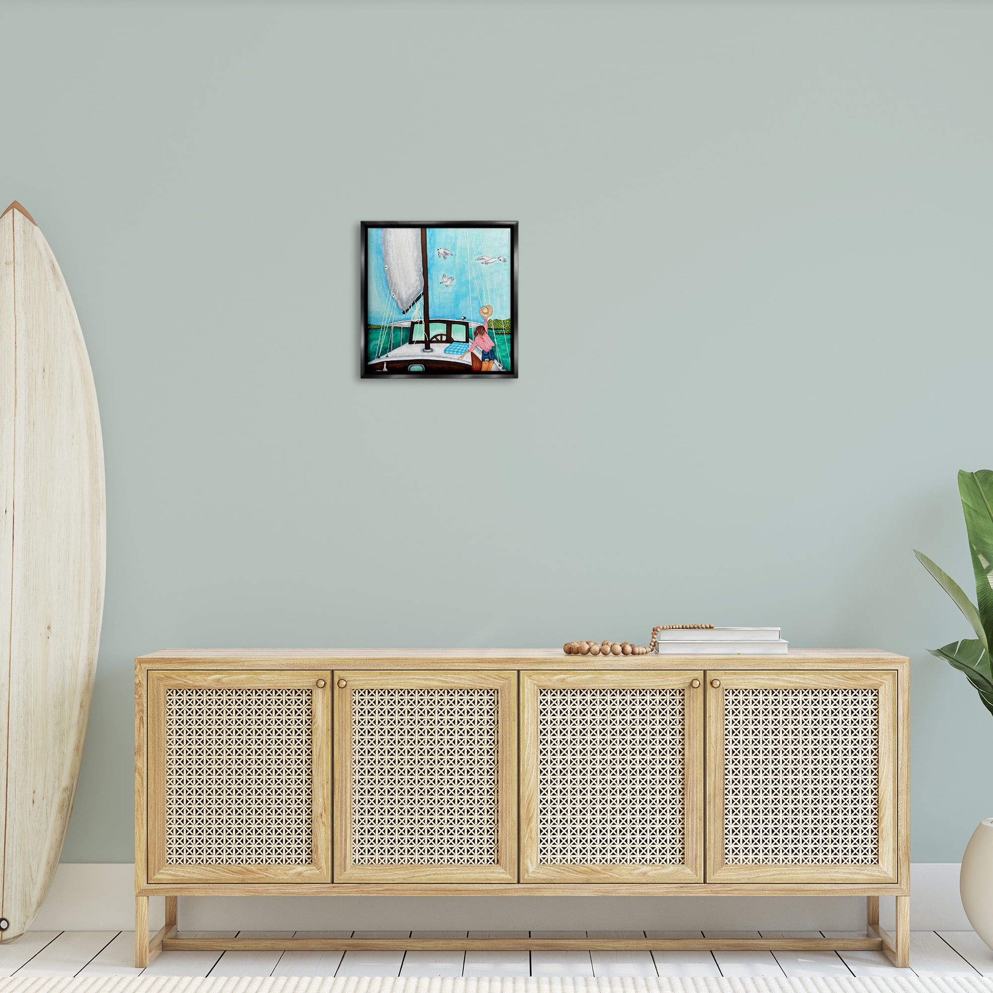 Stupell Industries Girl on Boat Scene Transportation Painting Black Floater Framed Canvas Art Print Wall Art, 18 x 18