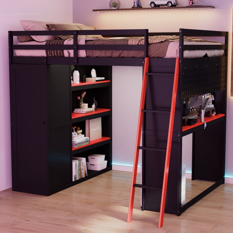 Full Size Wood Loft Bed with Wardrobe, Desk, Shelves, Blackout Curtains & RGB LED Lights, Space-Saving Gaming Loft Bed Frame with Storage Cabinet and Workstation for Teens & Adults