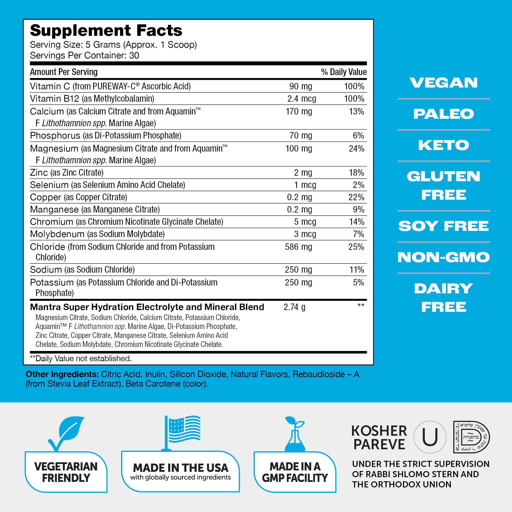 Mantra HYDRATE Zero Sugar Electrolyte Powder Drink Mix with Vitamin C & B12, Keto Vegan Hydration Supplement, Lemonade