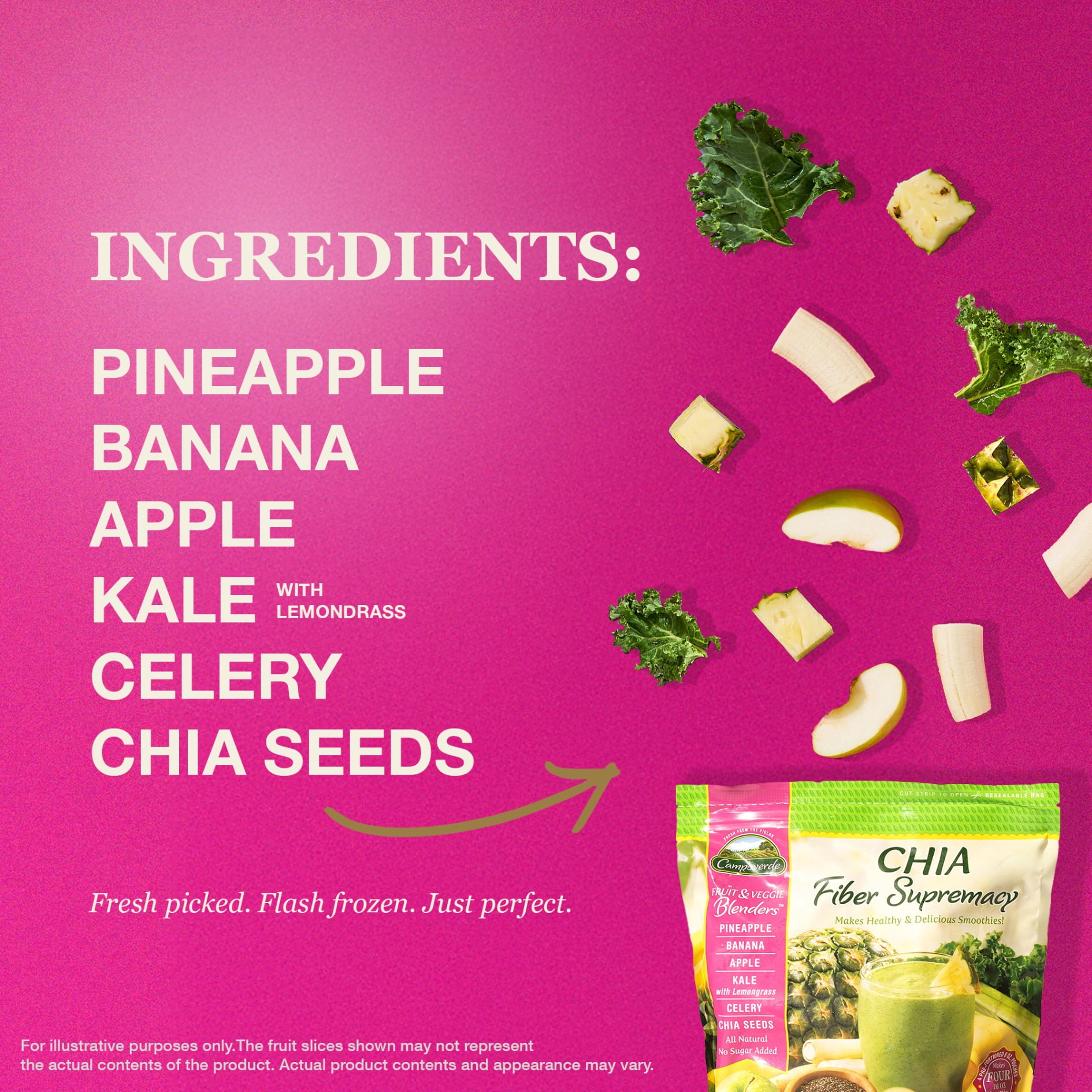 Campoverde Frozen Fruit & Veggie Smoothie Mix, Chia Fiber Supremacy with Pineapple, 4 Pre-Portioned Packs, No Added Sugar, 32 oz