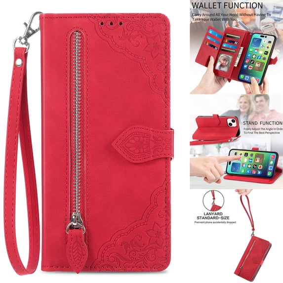 Nalacover Wallet Case for iPhone 14 Plus, Embossed Pattern Design Zipper Pocket Handbag Wrist Strap Premium PU Leather Flip Cover with Card Slots Holder Magnetic Clasp Kickstand Case,Red