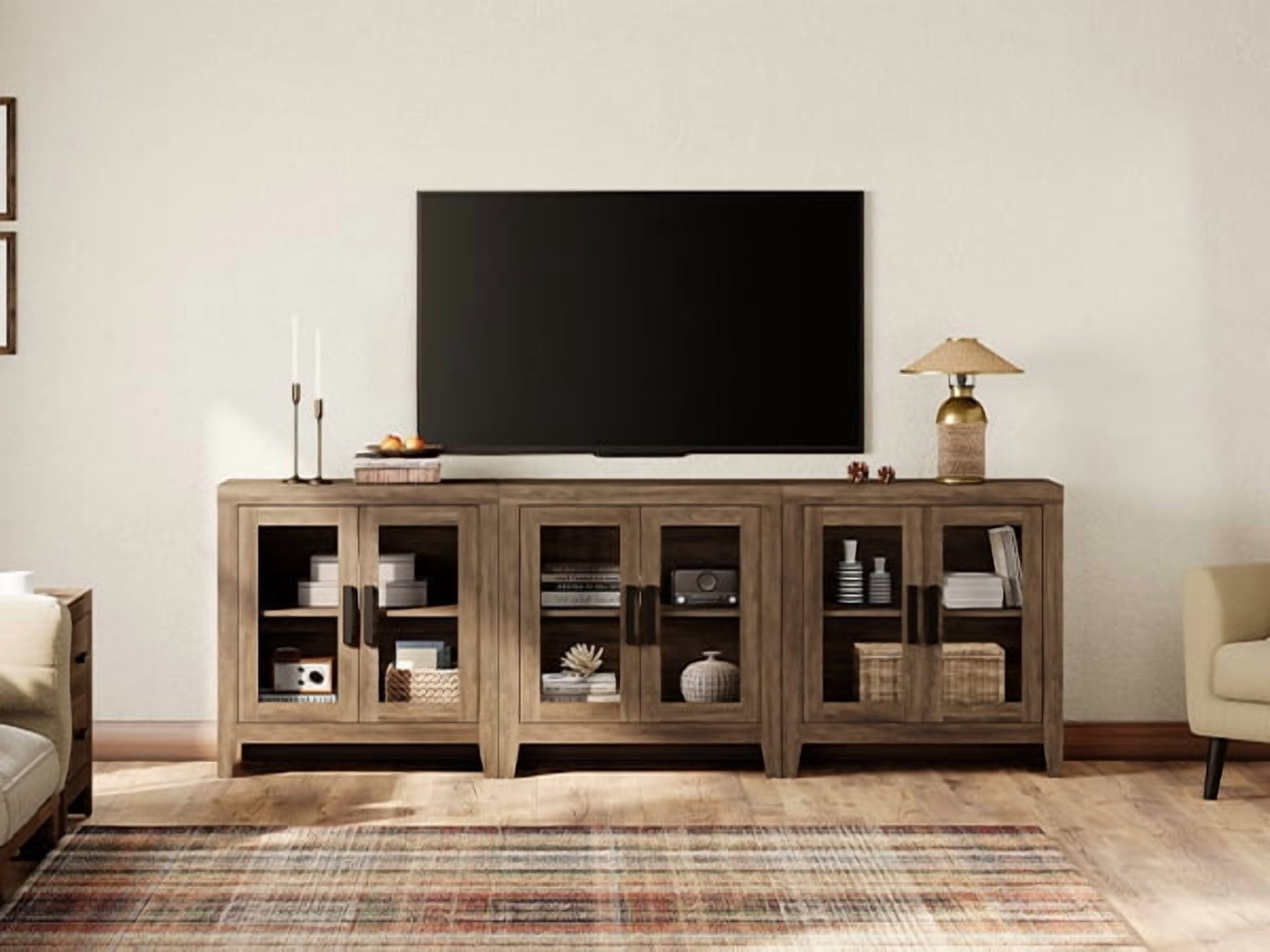 WAMPAT Modern Farmhouse TV Stand up to 100"TV, Entertainment Center with Tempered Glass Doors & Adjustable Shelves, Brown