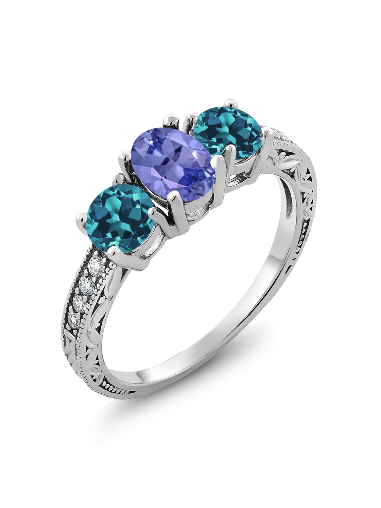 Gem Stone King 0.68 Ct Round London Blue Topaz White Diamond 925 Sterling Silver 3-Stone Ring 