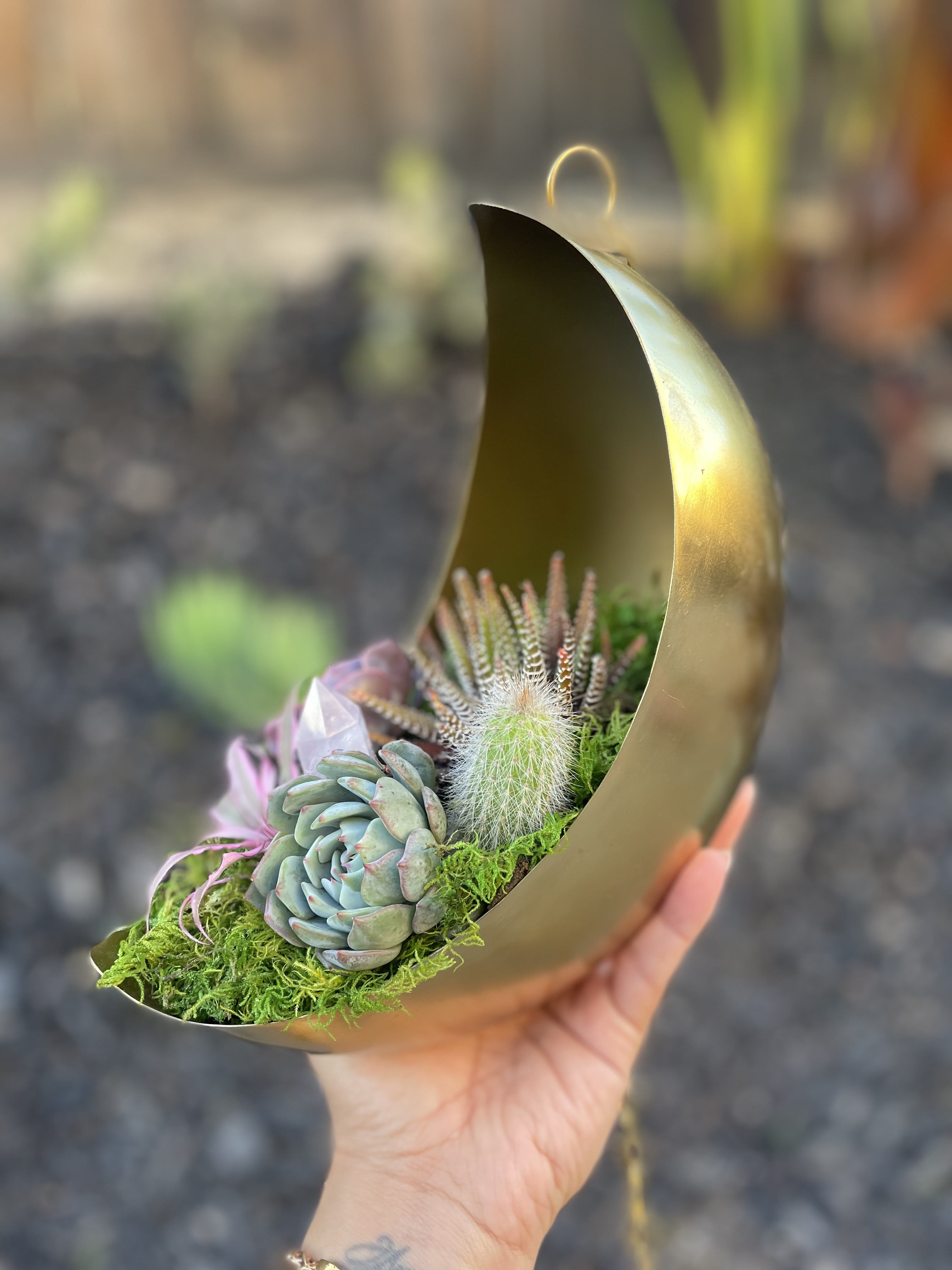 Hanging Metal Moon Planter | Metal Moon Hanging Planter | Moon Pot | Gold Stars Planter | Indoor Planter | Lunar Planter for Succulents | Unique Planter | Valentines Day Gift