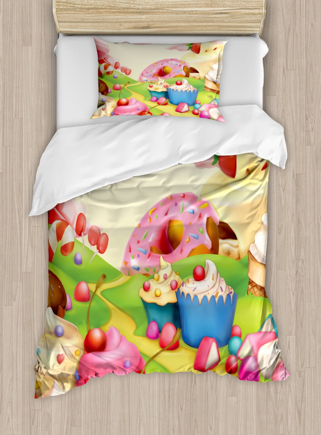 Modern Duvet Cover Set, Yummy Donuts Sweet Land Cupcakes Ice Cream