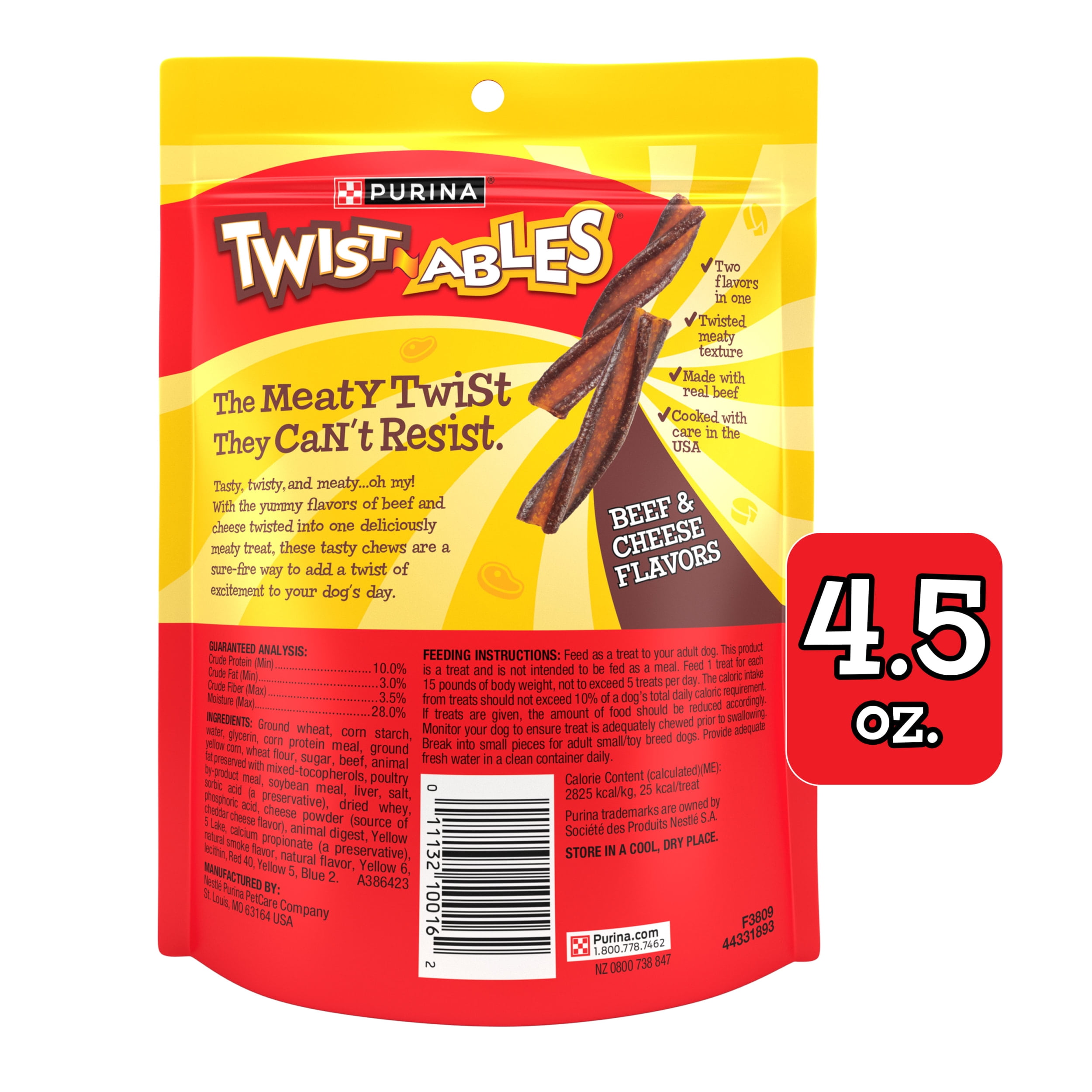 (2 pack) Purina Twist-Ables Dog Treats with Real Beef & Cheese Flavors Chews, 4.5 oz Pouch
