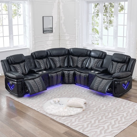 Power Reclining L-Shaped Sectional Sofa with LED Lights, Speakers, Cup Holders, Black Faux Leather