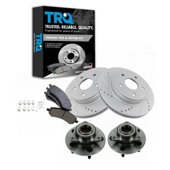 TRQ Front Performance Brake Pad & Rotor Kit Brake Pads Brake Rotors Set Wheel Hub Bearing Assembly Ceramic Premium G-Coated Fits Select 2006-2008 Dodge Ram 1500