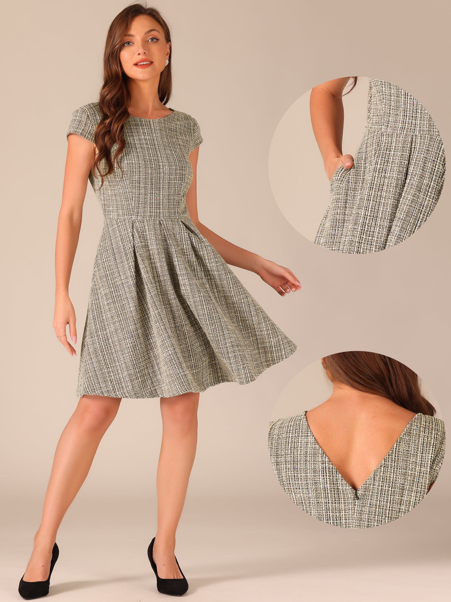 DARING DIVA Women's Tweed Cap Sleeve A Line Vintage Pleated Dresses M Black Brown