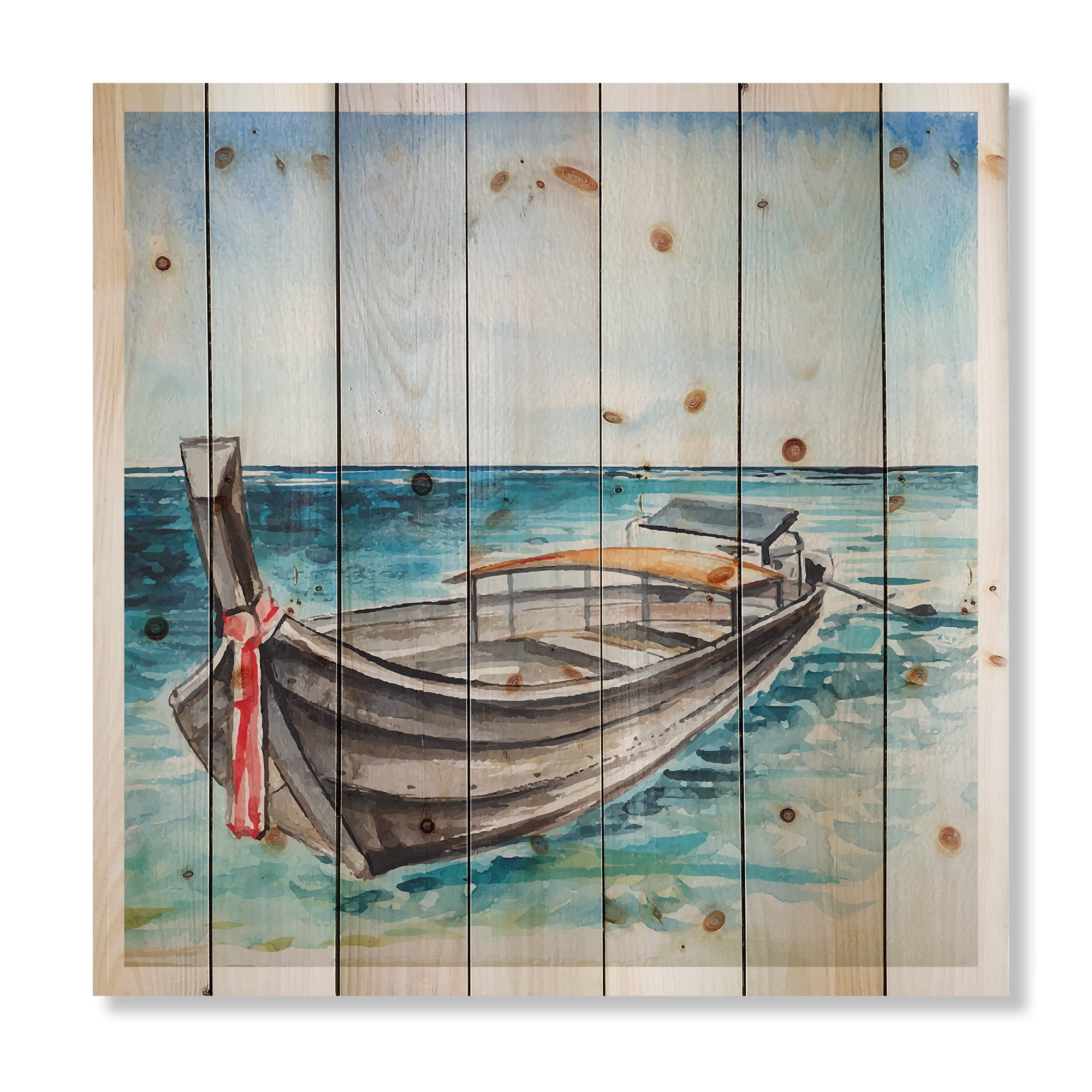 Designart 'Little Boat At The Lake Shore' Nautical & Coastal Print on Natural Pine Wood