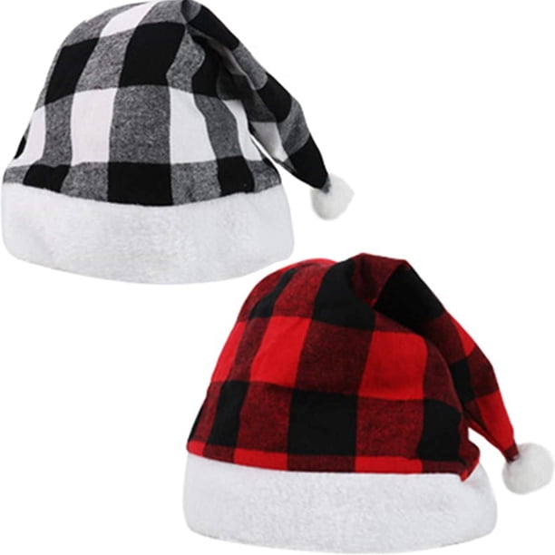 Paquete de 2 gorros navideños de Papá Noel a cuadros, gorros navideños de peluche, gorros navideños para fiestas de disfraces y eventos festivos