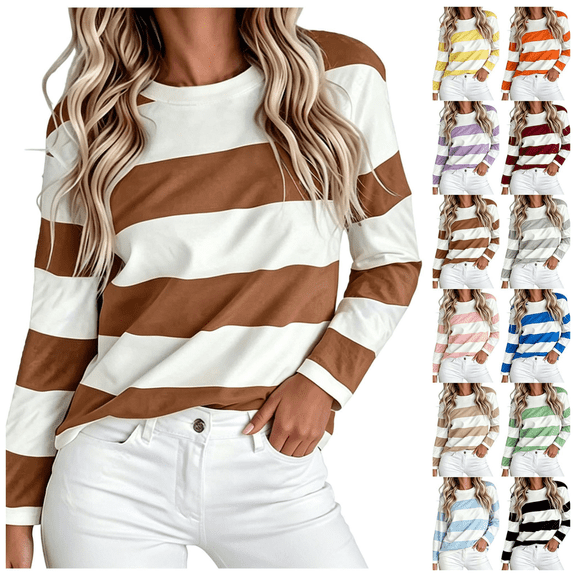 Bzdzmqm Women Oversized Striped Sweatshirt Long Sleeve Casual Crew Neck Pullover Fall Winter Loose Fit Knit Tees for Daily Work Office Outfits, Brown S