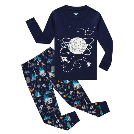 

Family Feeling Glow in the Dark Space Big Boys Long Sleeve Pajamas Sets Cotton Sleepwear Kids Pjs Size 10 Blue